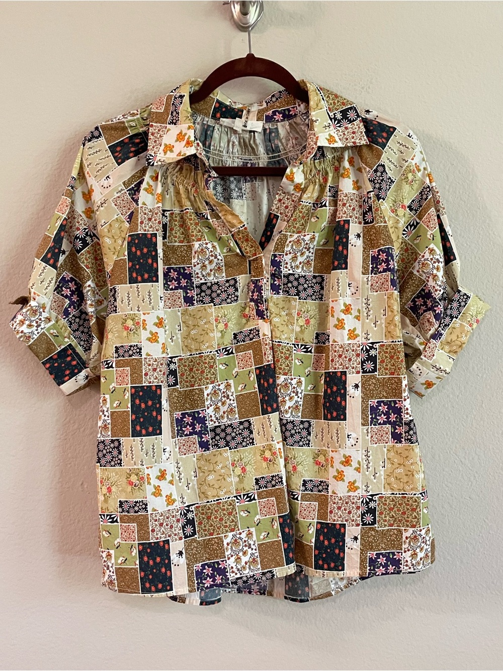 Entro Floral Patchwork Puff Sleeves Popover Cotton Top Size Small